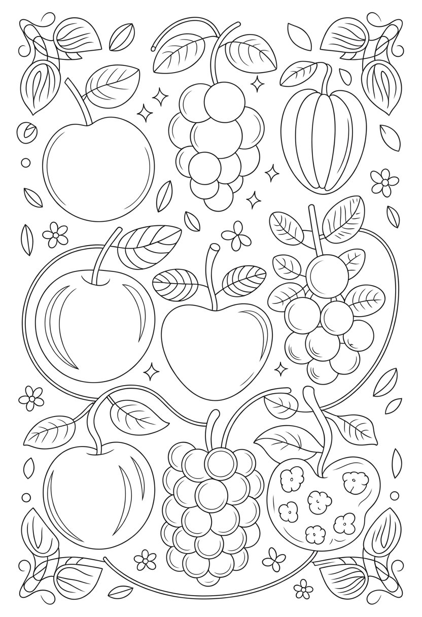 Christian Coloring Pages for Kids: 20 Inspirational Designs to Inspire Faith 38 A collection of nine different fruits arranged with leaves and vines representing qualities like love, joy, peace, patience, kindness, goodness, faithfulness, gentleness, and self-control.